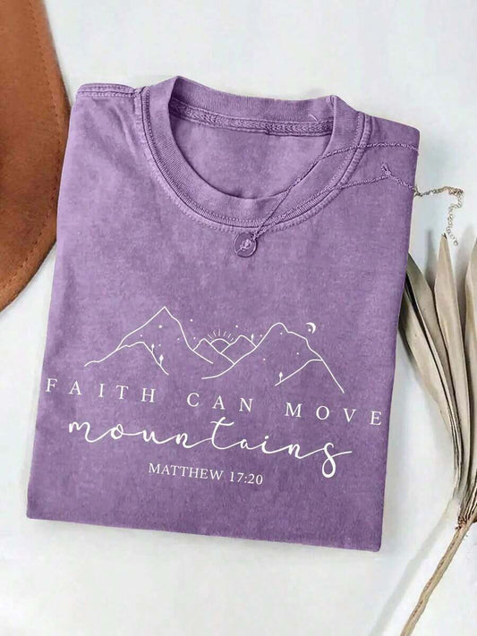 Faith Can Move Mountains Matthew Cartoon Letter Print Washed T-Shirt | Y2K Korean Style Women's Fitted Round Neck Short Sleeve Punk Retro Tee
