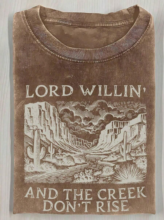 Lord Wilin & The Creek Don't Rise Vintage Desert Landscape Washed T-Shirt | 220G Heavy Cotton Loose Fit All-Season Casual Street Tee