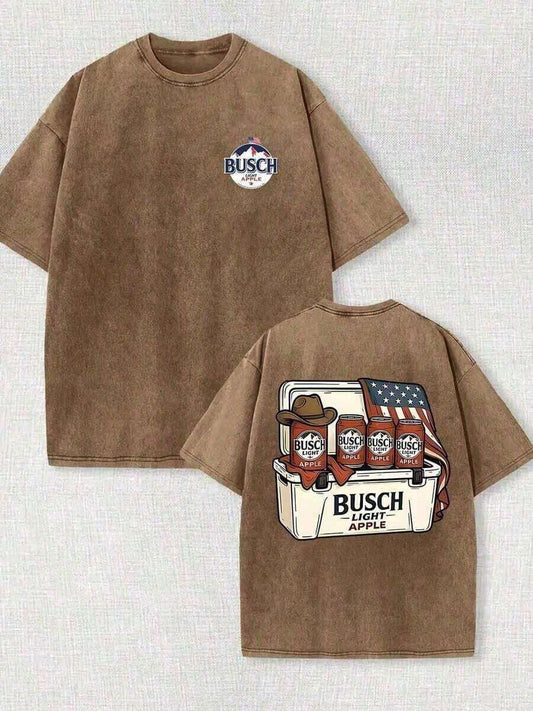 Apple Beer Cooler Cowboy Hat Americana Oversized T-Shirt | Men's Cotton Acid Washed Vintage Streetwear Summer BBQ Patriotic Casual Tee