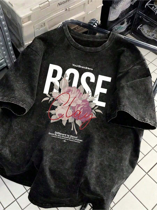 Retro Rose Cartoon Letter Print Fitted T-Shirt | Y2K Korean Punk Style Women's Peach Casual Versatile Round Neck Short Sleeve 2026 Summer Tee