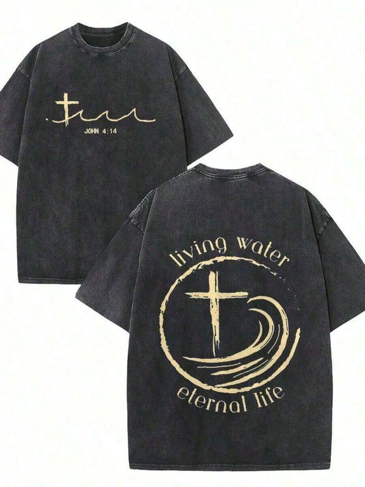 Golden Cross & Waves Christian Faith Washed T-Shirt | 230G Vintage Beige Soft Cotton Breathable Unisex Casual Church Everyday Special Occasion Summer Tee