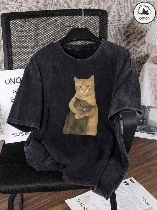 Plus Size Cat Print Women's T-Shirt | Black Loose Comfortable Round Neck Short Sleeve Y2K Korean Retro Street Style Casual Daily Summer Top