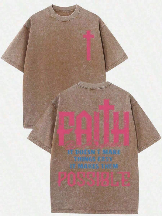 Faith Makes Things Possible Cross & Text Graphic Washed T-Shirt |Oversized Loose Casual Crew Neck Short Sleeve Christian Inspirational Summer Tee