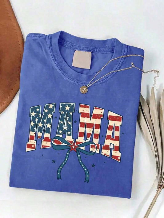 American Mama Vintage Washed Graphic T-Shirt | USA Flag Bow Print Women's Soft Cotton Casual Summer Tee | Perfect Mother's Day & 4th Of July Gift