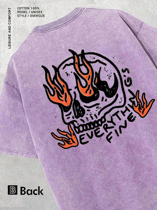 Everything Fine Skull & Flame Print Vintage Washed T-Shirt | 230G Retro Streetwear Cotton Casual Crew Neck Short Sleeve Unisex All-Season Everyday Tee