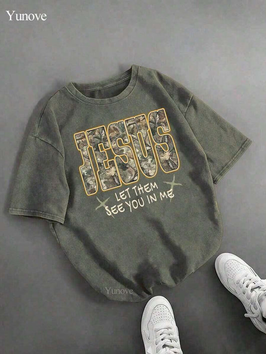 Camo Christian Faith Bible Verse Quote Print Vintage Washed T-Shirt | Oversized Unisex Loose Relaxed Short Sleeve Comfortable Casual Summer Faith Tee