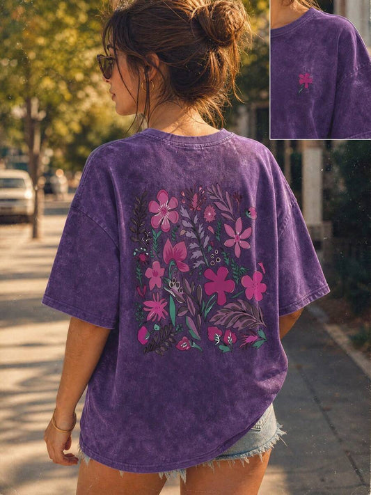 Plant Floral Cartoon Letter Print Washed T-Shirt | Y2K Korean Style Women's Fitted Black Round Neck Short Sleeve Punk Retro Double-Sided Tee