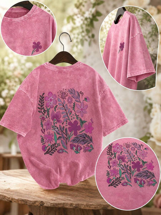 Plant Floral Cartoon Letter Print Washed T-Shirt | Y2K Korean Style Women's Fitted Black Round Neck Short Sleeve Punk Retro Double-Sided Tee