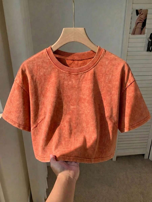 Solid Orange Washed Basic T-Shirt | Women's Thick Pure Cotton Short Sleeve Round Neck Casual Comfortable Summer Top