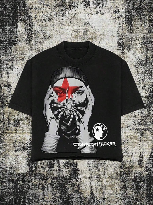 Dark Spider Red Star Graphic Oversized Men's T-Shirt | Breathable Cotton Edgy Urban Street Style Crew Neck Short Sleeve Casual Daily Pullover Summer Tee