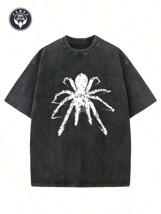 Spider Creative Pattern Print Washed T-Shirt | 230G Heavyweight Pure Cotton Oversized Drop Shoulder Acid Wash Unisex Retro Hip-Hop Street Style Casual Summer Tee