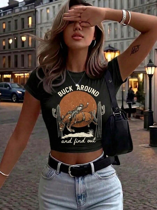Somebody's Problem Cowgirl Graphic Cropped T-Shirt | Y2K Slim Fit White Vintage Western Rodeo Women's Crew Neck Short Sleeve Summer Tee