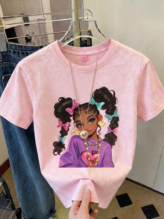 Cartoon Bow Pattern Print T-Shirt | Pink Acid Wash Style Modern Summer Aesthetic Casual Regular Fit Short Sleeve Top