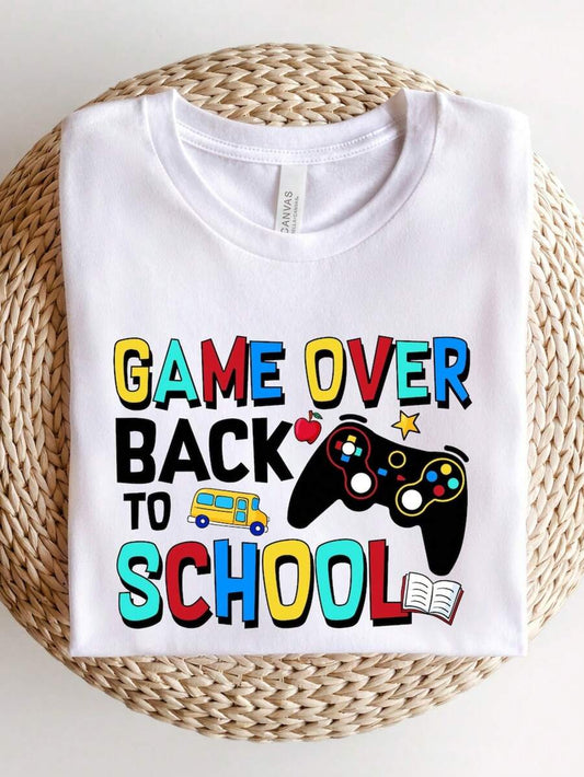 "Game Over" Back To School Funny Print T-Shirt | Kids & Teachers Casual Round Neck Short Sleeve Humor Top
