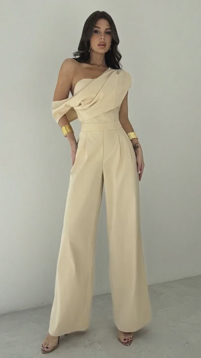 Firerie Women Modest Apricot Jumpsuit, Elegant Work-To-Vacation Asymmetric Neckline Ruched Bustier Wide-Leg Romper, Comfortable Sleeveless Unbalanced Neck Jumpsuit, Suitable