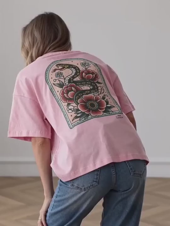 Vintage Snake & Floral Print T-Shirt | Women's 100% Pure Cotton Round Neck Short Sleeve Casual Summer Graphic Outfit Top