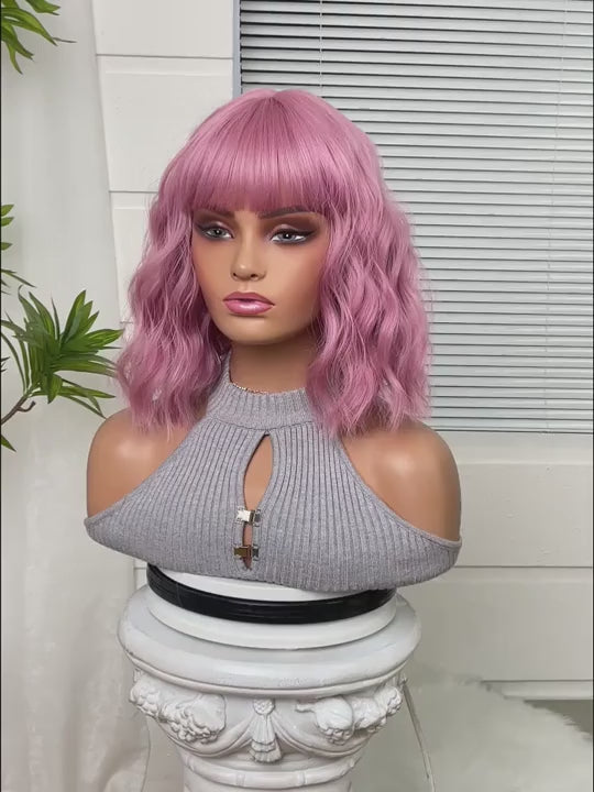 Pink & Blue Curly Wig for Women - With Bangs & Rose Net Cap