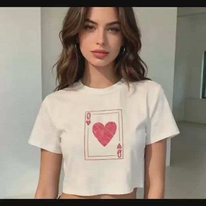 Queen Of Hearts Card Design Boxy Fit Cropped T-Shirt | Women's Y2K 90s Retro Playful Graphic Breathable Round Neck Short Sleeve Summer Top