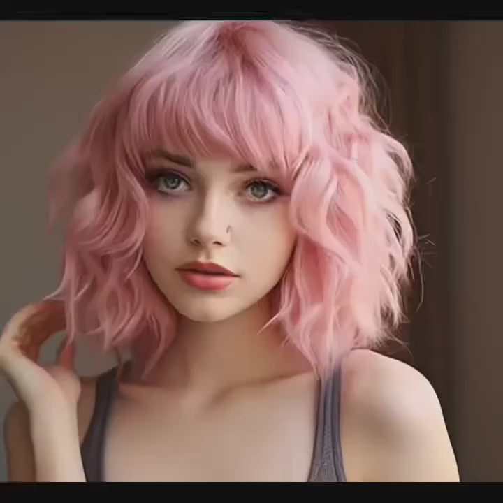 ✨ 12" Short Rose Pink Curly Wig with Bangs – Matte Heat-Resistant Synthetic Hair