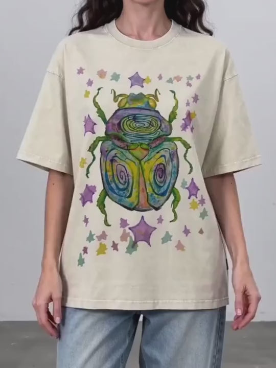 Colorful Beetle Party Print Cotton T-Shirt | Comfortable Short Sleeve Casual Everyday Outdoor Holiday Summer Top | Father's Day & Mother's Day Gift 2026