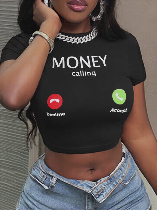 Money Print Graphic Cropped Tight Fit T-Shirt | Minimalist Women's Casual Crew Neck Short Sleeve Cotton Summer Pullover Top